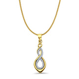 14K Yellow Gold CZ Infinity Pendant 28mmX9mm With 16 Inch To 24 Inch 1.0MM Width D.C. Round Wheat Chain Necklace