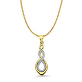 14K Yellow Gold CZ Infinity Pendant 28mmX9mm With 16 Inch To 24 Inch 0.8MM Width D.C. Round Wheat Chain Necklace