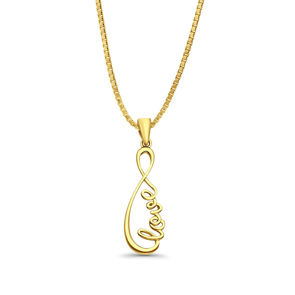 14K Yellow Gold Love Infinity Pendant 28mmX9mm With 16 Inch To 22 Inch 1.0MM Width Box Chain Necklace