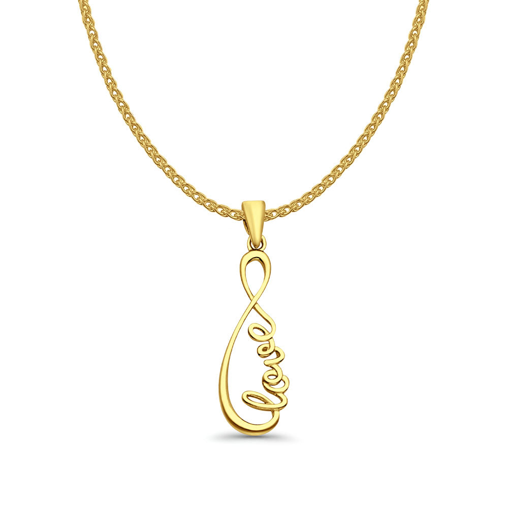 14K Yellow Gold Love Infinity Pendant 28mmX9mm With 16 Inch To 22 Inch 1.2MM Width Flat Open Wheat Chain Necklace
