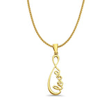 14K Yellow Gold Love Infinity Pendant 28mmX9mm With 16 Inch To 24 Inch 1.0MM Width D.C. Round Wheat Chain Necklace
