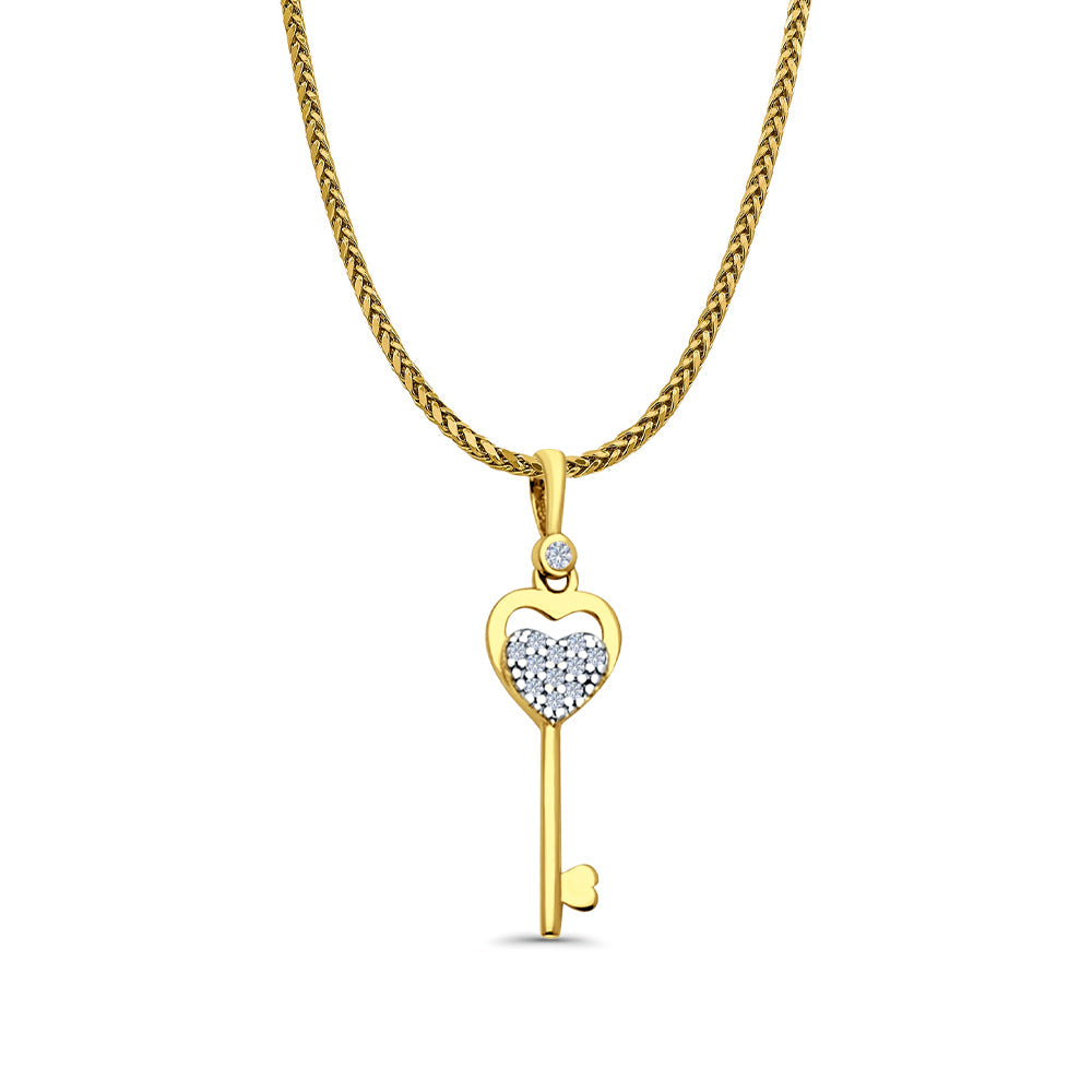 14K Yellow Gold CZ Key Pendant 27mmX7mm With 16 Inch To 24 Inch 1.1MM Width Wheat Chain Necklace