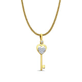 14K Yellow Gold CZ Key Pendant 27mmX7mm With 16 Inch To 24 Inch 1.1MM Width Wheat Chain Necklace