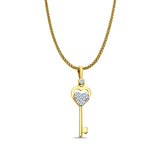 14K Yellow Gold CZ Key Pendant 27mmX7mm With 16 Inch To 24 Inch 0.9MM Width Wheat Chain Necklace