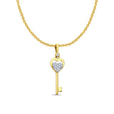 14K Yellow Gold CZ Key Pendant 27mmX7mm With 16 Inch To 22 Inch 1.2MM Width Side DC Rolo Cable Chain Necklace