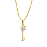 14K Yellow Gold CZ Key Pendant 27mmX7mm With 16 Inch To 24 Inch 1.0MM Width Box Chain Necklace