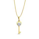 14K Yellow Gold CZ Key Pendant 27mmX7mm With 16 Inch To 22 Inch 0.5MM Width Box Chain Necklace