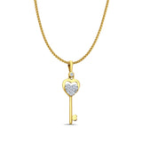 14K Yellow Gold CZ Key Pendant 27mmX7mm With 16 Inch To 24 Inch 1.0MM Width D.C. Round Wheat Chain Necklace