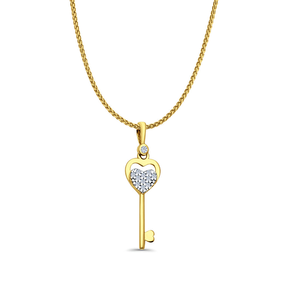 14K Yellow Gold CZ Key Pendant 27mmX7mm With 16 Inch To 24 Inch 0.8MM Width D.C. Round Wheat Chain Necklace