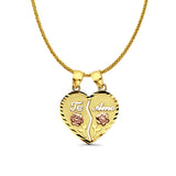 14K Tri Color Gold Te-Amo Pendant 25mmX20mm With 16 Inch To 24 Inch 0.8MM Width Square Wheat Chain Necklace