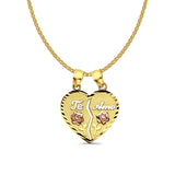14K Tri Color Gold Te-Amo Pendant 25mmX20mm With 16 Inch To 22 Inch 1.2MM Width Flat Open Wheat Chain Necklace