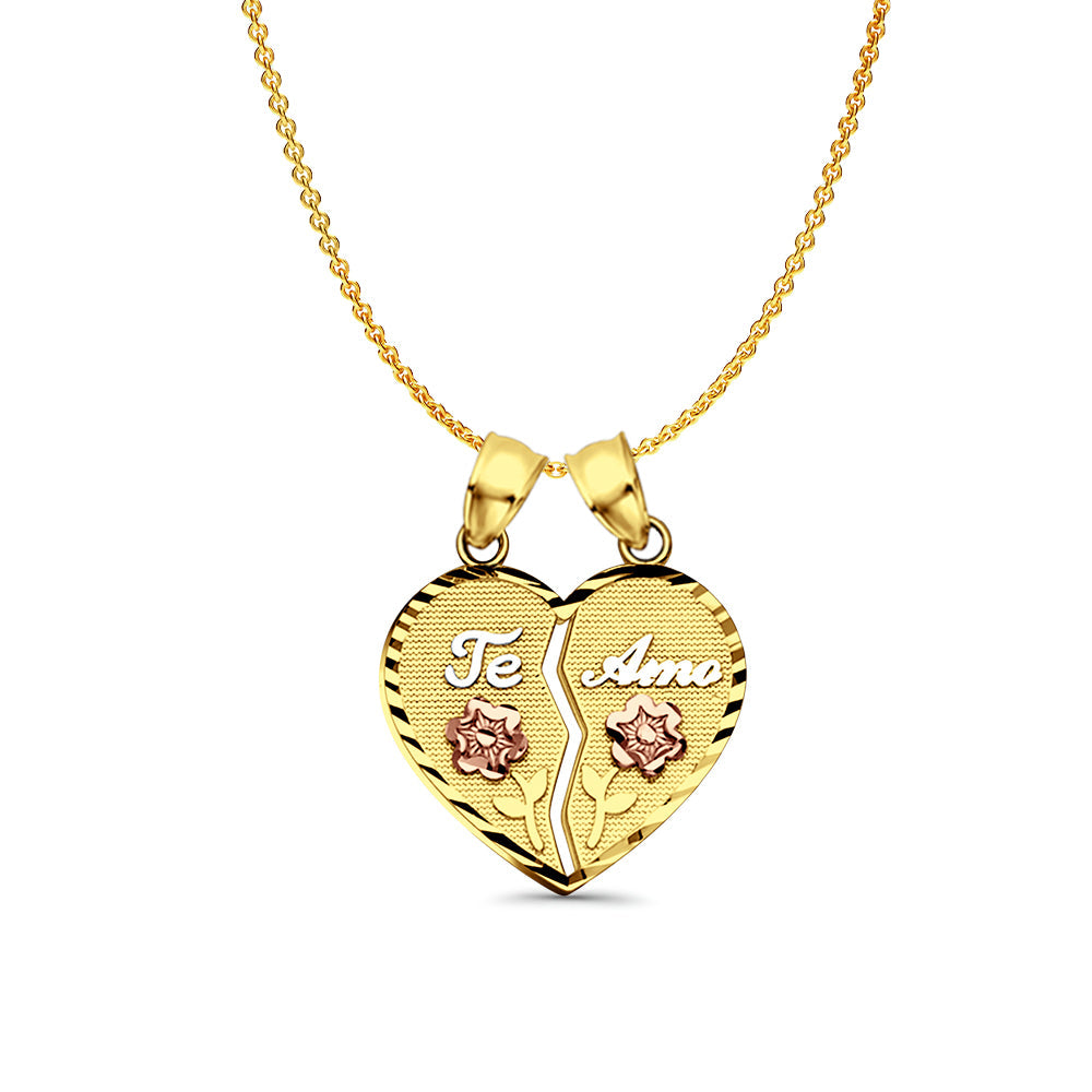 14K Tri Color Gold Te-Amo Pendant 25mmX20mm With 16 Inch To 22 Inch 0.9MM Width Angle Cut Oval Rolo Chain Necklace