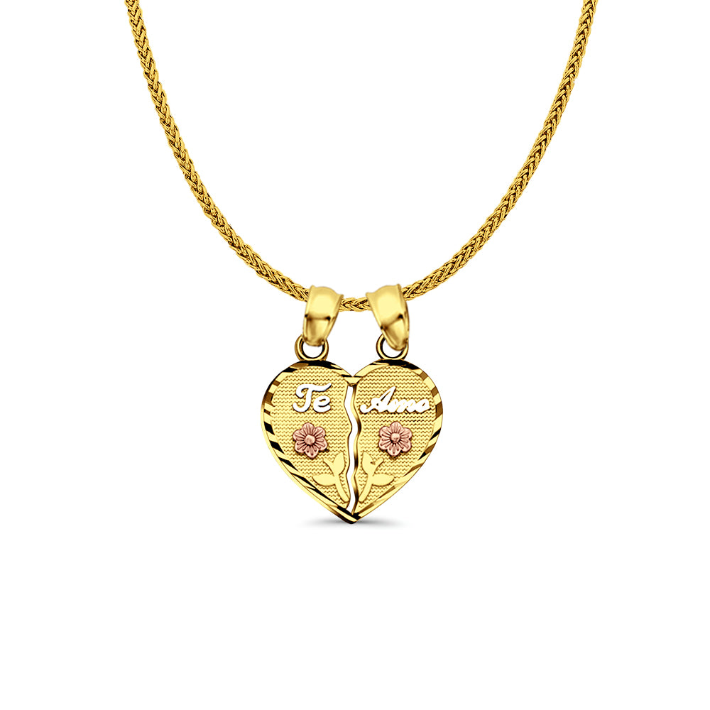 14K Tri Color Gold Te-Amo Pendant 20mmX15mm With 16 Inch To 24 Inch 0.8MM Width Square Wheat Chain Necklace