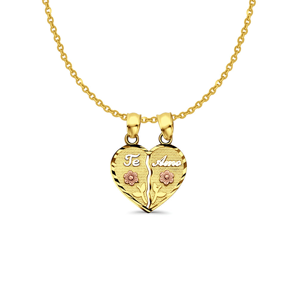 14K Tri Color Gold Te-Amo Pendant 20mmX15mm With 16 Inch To 22 Inch 1.2MM Width Side DC Rolo Cable Chain Necklace