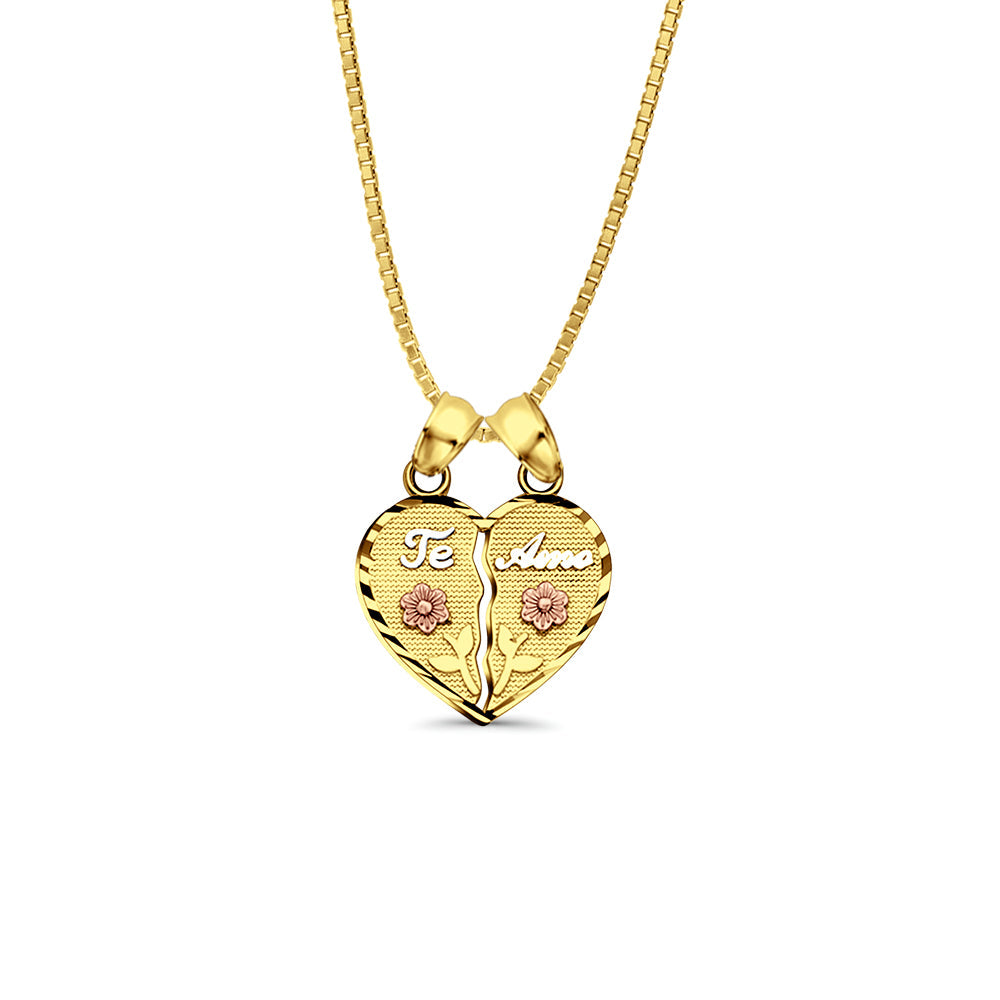 14K Tri Color Gold Te-Amo Pendant 20mmX15mm With 16 Inch To 24 Inch 0.8MM Width Box Chain Necklace