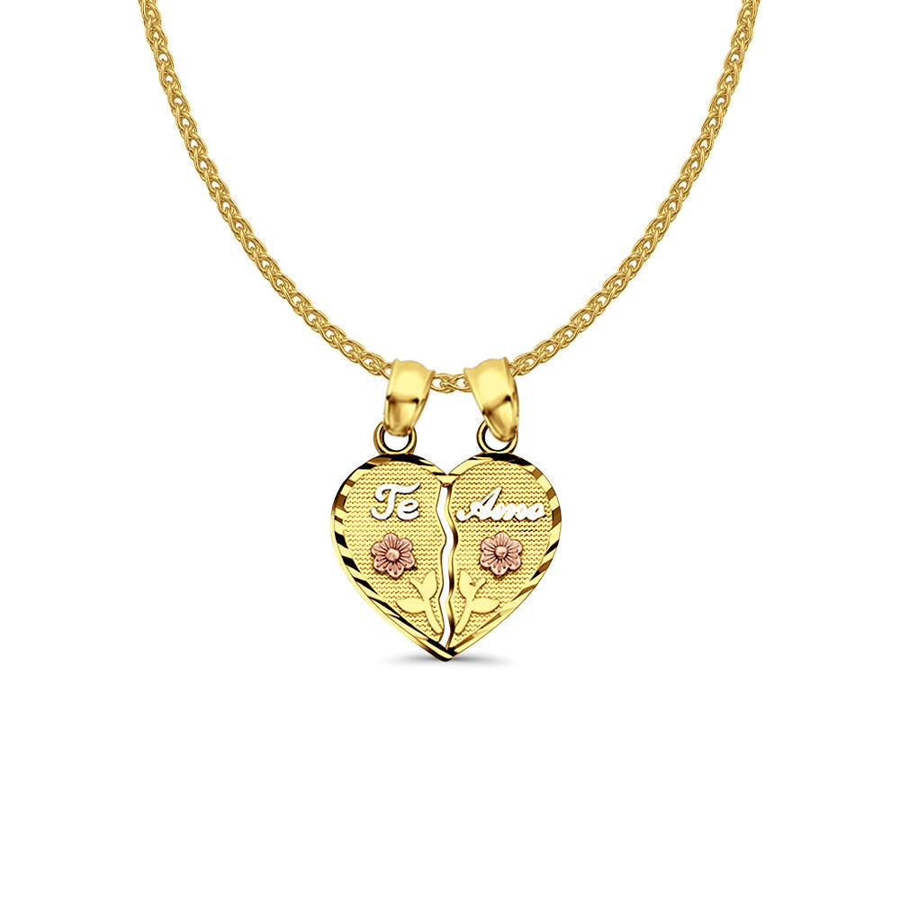 14K Tri Color Gold Te-Amo Pendant 20mmX15mm With 16 Inch To 22 Inch 1.2MM Width Flat Open Wheat Chain Necklace