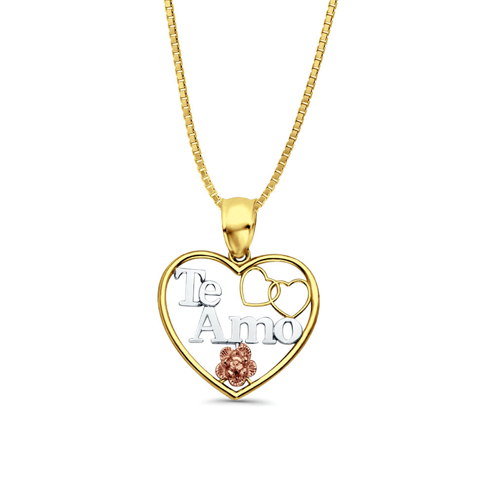 14K Tri Color Gold Te-Amo Heart Pendant 25mmX20mm With 16 Inch To 24 Inch 0.8MM Width Box Chain Necklace