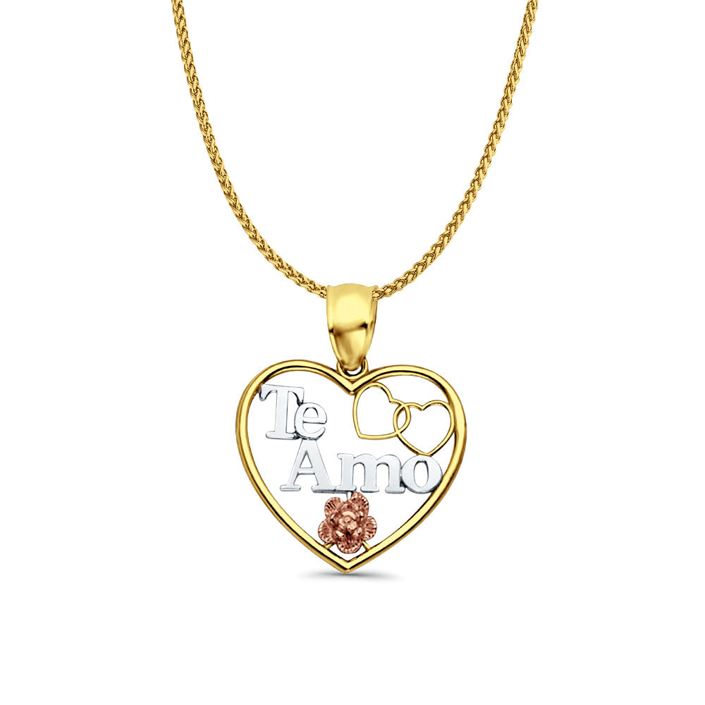 14K Tri Color Gold Te-Amo Heart Pendant 25mmX20mm With 16 Inch To 24 Inch 1.0MM Width D.C. Round Wheat Chain Necklace