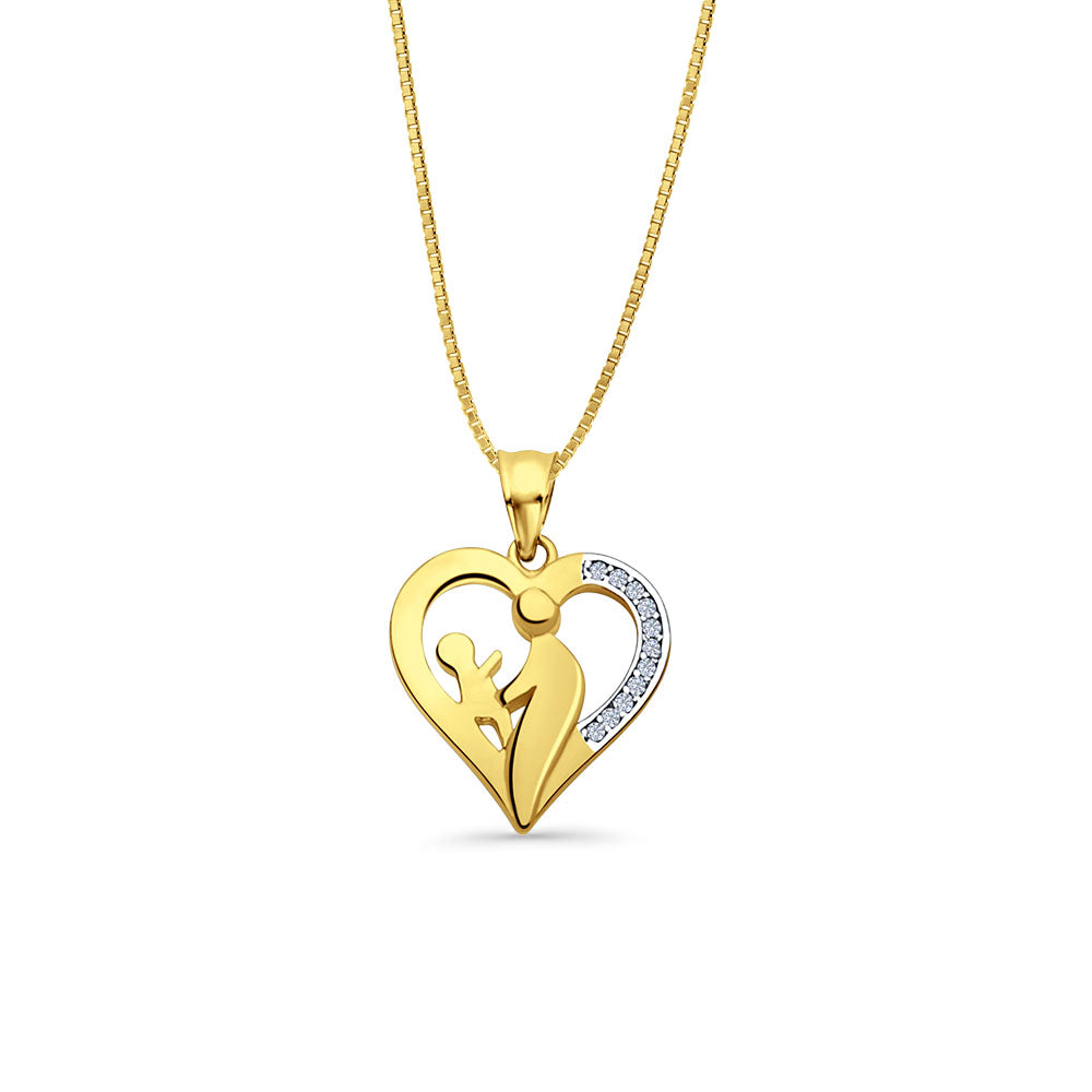 14K Yellow Gold Mom & Child CZ Pendant 21mmX16mm With 16 Inch To 22 Inch 0.5MM Width Box Chain Necklace