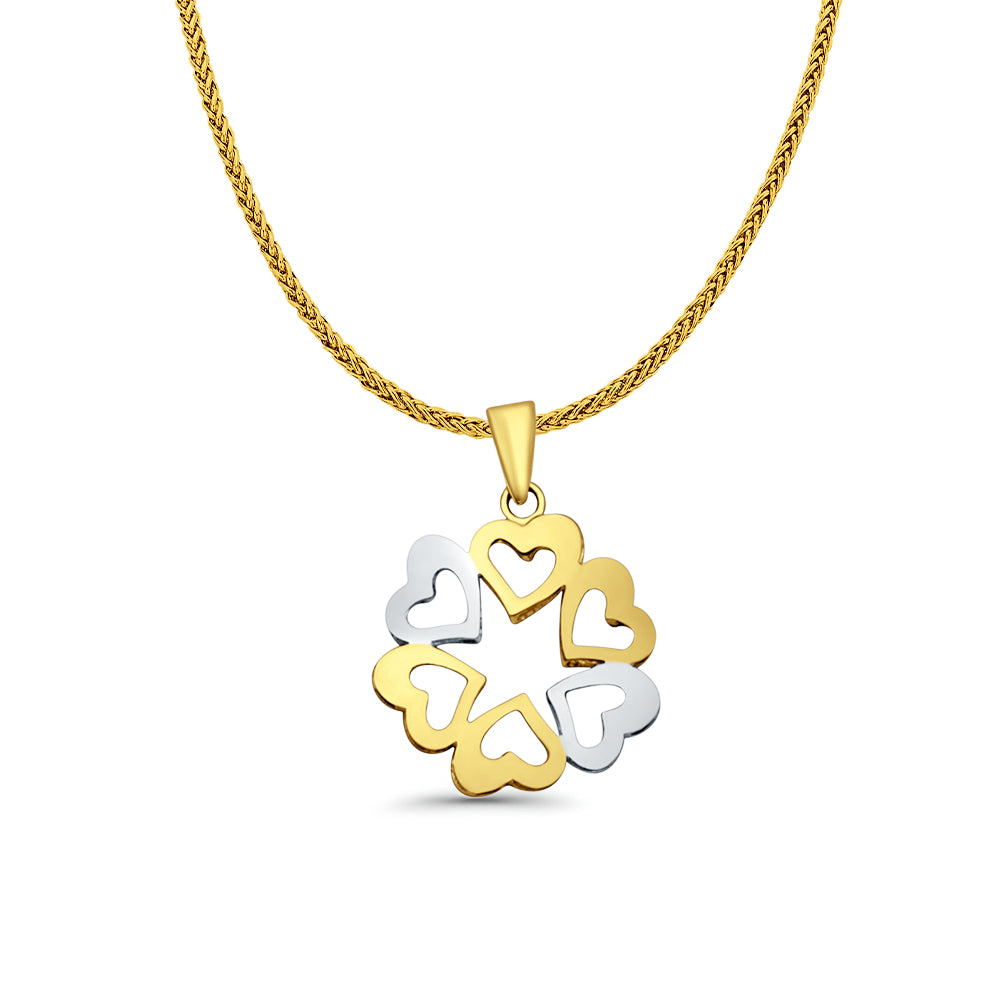 14K Two Color Gold 6 Hearts Pendant 23mmX17mm With 16 Inch To 24 Inch 0.8MM Width Square Wheat Chain Necklace
