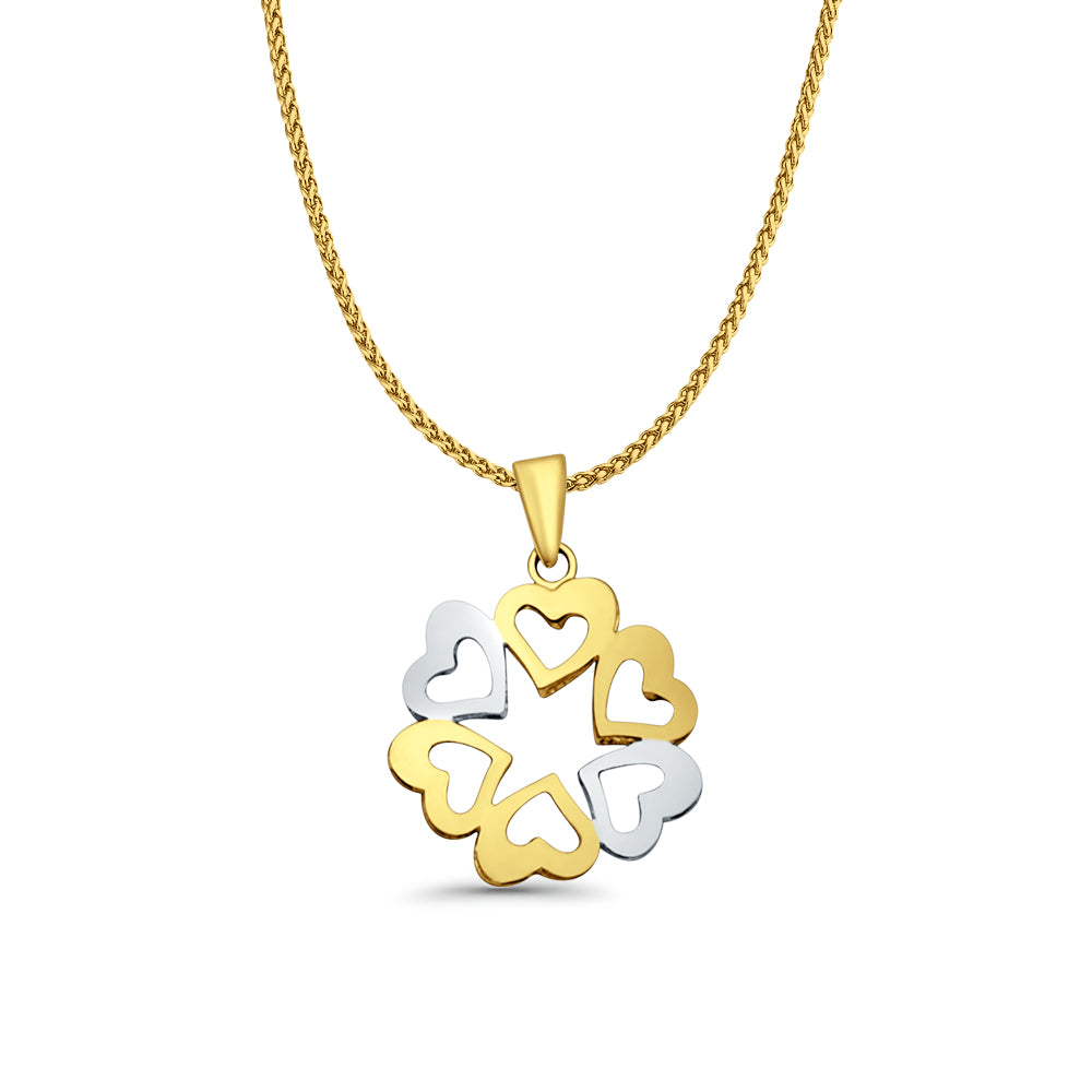 14K Two Color Gold 6 Hearts Pendant 23mmX17mm With 16 Inch To 24 Inch 1.0MM Width D.C. Round Wheat Chain Necklace