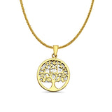 14K Two Color Gold Family Tree Pendant 25mmX17mm With 16 Inch To 24 Inch 0.8MM Width Square Wheat Chain Necklace