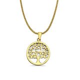 14K Two Color Gold Family Tree Pendant 25mmX17mm With 16 Inch To 18 Inch 1.1MM Width Wheat Chain Necklace