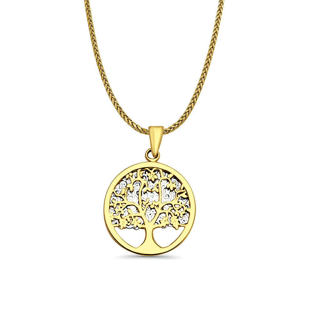 14K Two Color Gold Family Tree Pendant 25mmX17mm With 16 Inch To 24 Inch 0.9MM Width Wheat Chain Necklace