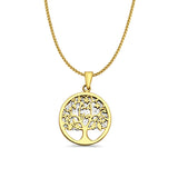 14K Two Color Gold Family Tree Pendant 25mmX17mm With 16 Inch To 24 Inch 0.8MM Width D.C. Round Wheat Chain Necklace