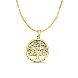 14K Two Color Gold Family Tree Pendant 25mmX17mm With 16 Inch To 22 Inch 1.2MM Width Angle Cut Oval Rolo Chain Necklace