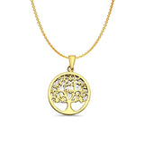 14K Two Color Gold Family Tree Pendant 25mmX17mm With 16 Inch To 22 Inch 0.9MM Width Angle Cut Oval Rolo Chain Necklace