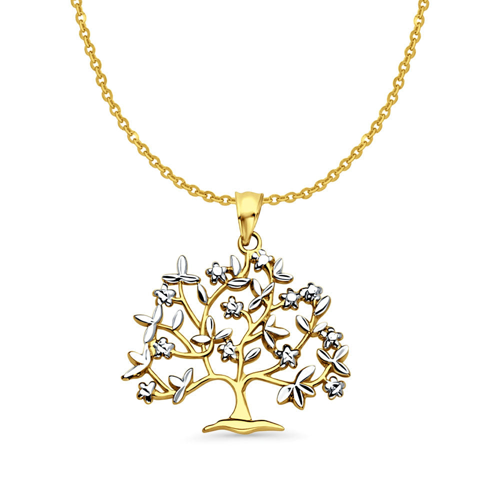 14K Two Color Gold Family Tree Pendant 29mmX26mm With 16 Inch To 22 Inch 1.2MM Width Side DC Rolo Cable Chain Necklace