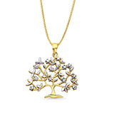 14K Two Color Gold Family Tree Pendant 29mmX26mm With 16 Inch To 24 Inch 0.6MM Width Box Chain Necklace
