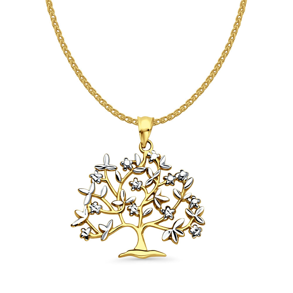 14K Two Color Gold Family Tree Pendant 29mmX26mm With 16 Inch To 22 Inch 1.2MM Width Flat Open Wheat Chain Necklace