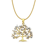14K Two Color Gold Family Tree Pendant 29mmX26mm With 16 Inch To 24 Inch 0.8MM Width D.C. Round Wheat Chain Necklace