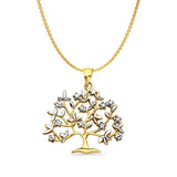 14K Two Color Gold Family Tree Pendant 29mmX26mm With 16 Inch To 22 Inch 0.9MM Width Angle Cut Oval Rolo Chain Necklace