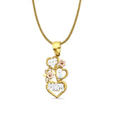 14K Tri Color Gold Mom Pendant 30mmX12mm With 16 Inch To 24 Inch 0.9MM Width Wheat Chain Necklace