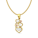 14K Tri Color Gold Mom Pendant 30mmX12mm With 16 Inch To 22 Inch 1.2MM Width Flat Open Wheat Chain Necklace