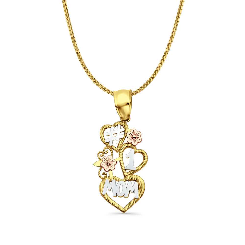14K Tri Color Gold Mom Pendant 30mmX12mm With 16 Inch To 24 Inch 0.8MM Width D.C. Round Wheat Chain Necklace