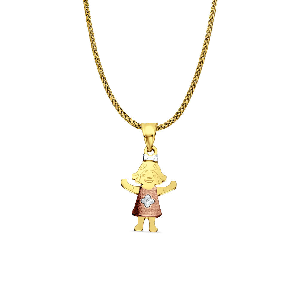 14K Tri Color Gold Girl Pendant 22mmX11mm With 16 Inch To 24 Inch 0.9MM Width Wheat Chain Necklace