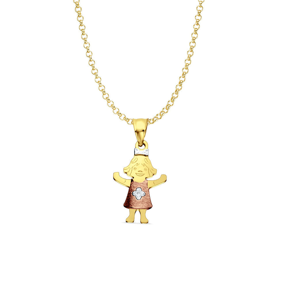 14K Tri Color Gold Girl Pendant 22mmX11mm With 16 Inch To 22 Inch 1.2MM Width Classic Rolo Cable Chain Necklace