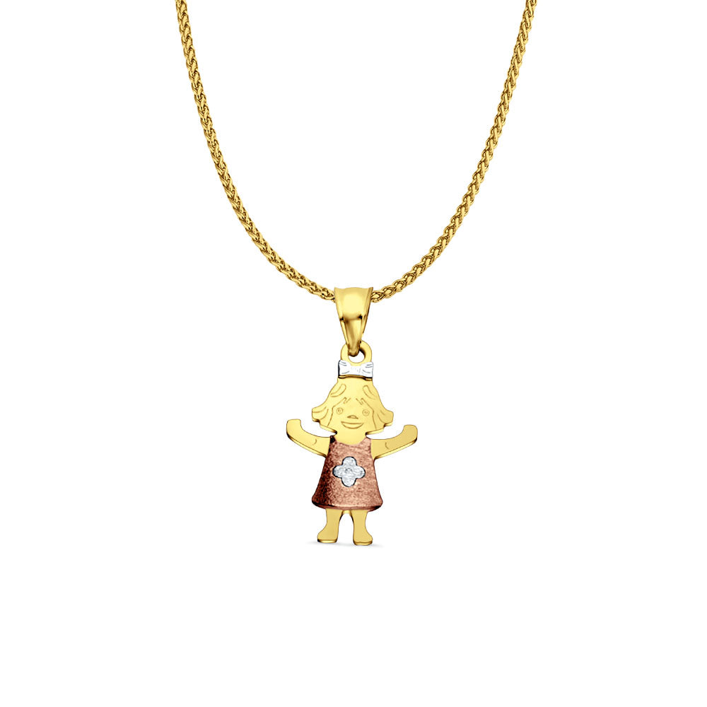 14K Tri Color Gold Girl Pendant 22mmX11mm With 16 Inch To 24 Inch 0.8MM Width D.C. Round Wheat Chain Necklace