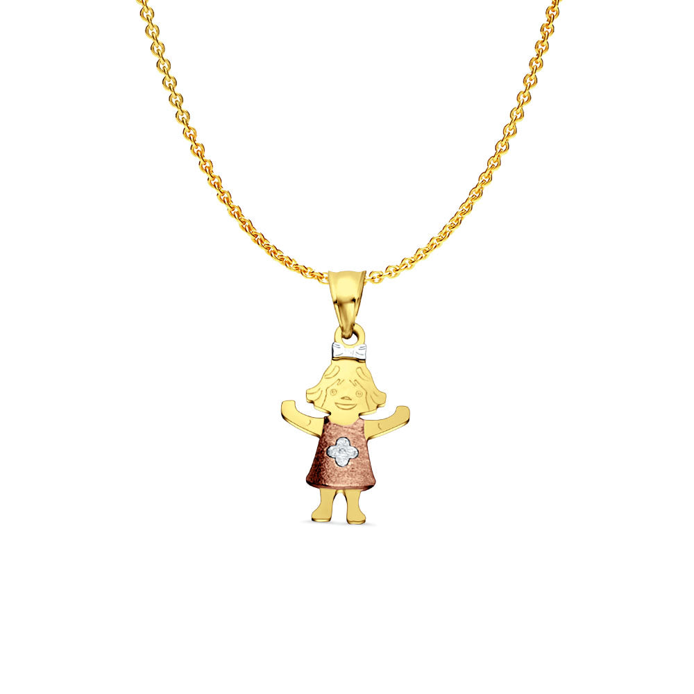 14K Tri Color Gold Girl Pendant 22mmX11mm With 16 Inch To 22 Inch 1.2MM Width Angle Cut Oval Rolo Chain Necklace