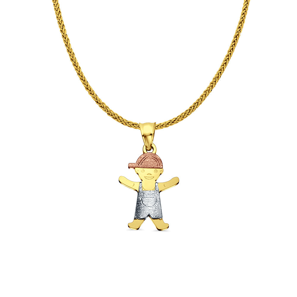 14K Tri Color Gold Boy Pendant 22mmX12mm With 16 Inch To 24 Inch 0.8MM Width Square Wheat Chain Necklace