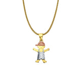 14K Tri Color Gold Boy Pendant 22mmX12mm With 16 Inch To 24 Inch 0.9MM Width Wheat Chain Necklace