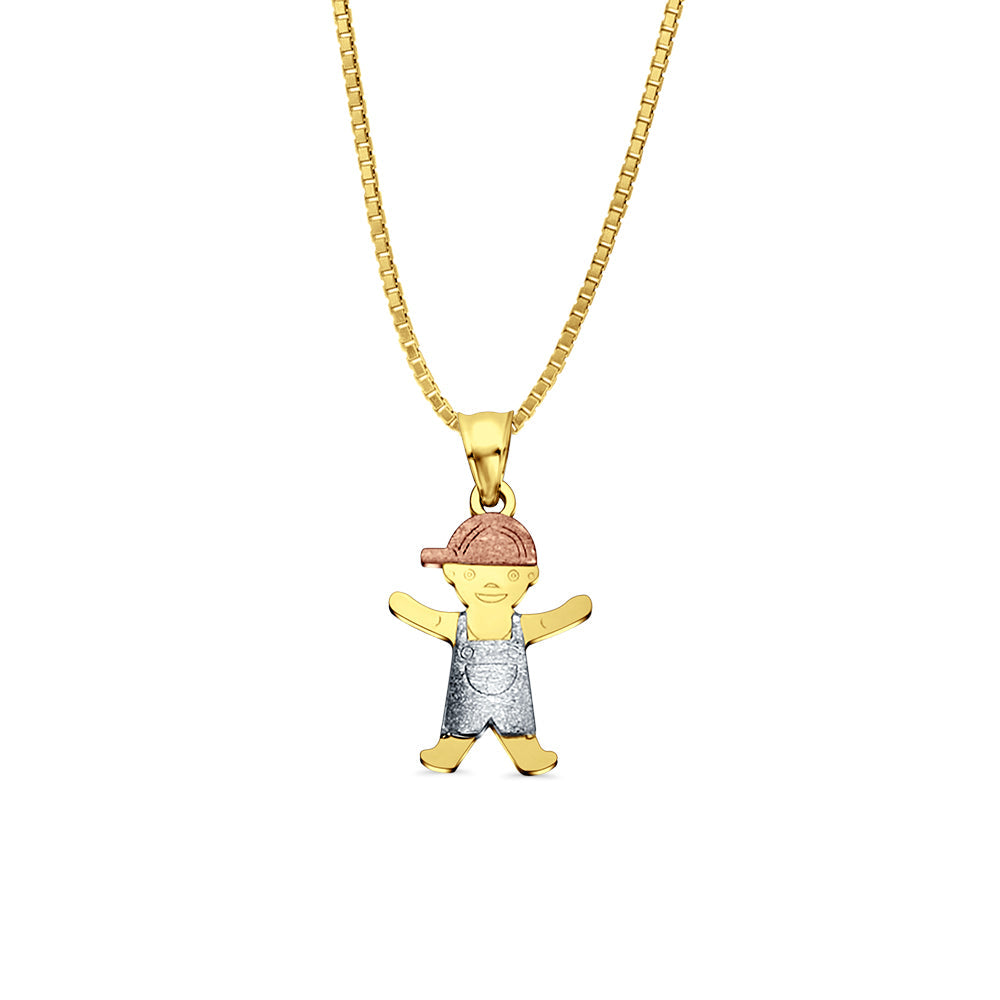 14K Tri Color Gold Boy Pendant 22mmX12mm With 16 Inch To 24 Inch 0.8MM Width Box Chain Necklace