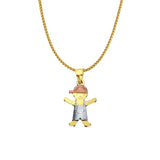 14K Tri Color Gold Boy Pendant 22mmX12mm With 16 Inch To 24 Inch 1.0MM Width D.C. Round Wheat Chain Necklace