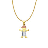14K Tri Color Gold Boy Pendant 22mmX12mm With 16 Inch To 24 Inch 0.8MM Width D.C. Round Wheat Chain Necklace