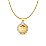 14K Yellow Gold CZ Enamel Girl Pendant 21mmX15mm With 16 Inch To 24 Inch 0.8MM Width Square Wheat Chain Necklace