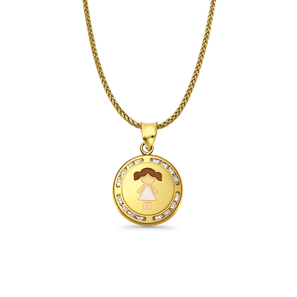 14K Yellow Gold CZ Enamel Girl Pendant 21mmX15mm With 16 Inch To 24 Inch 0.9MM Width Wheat Chain Necklace